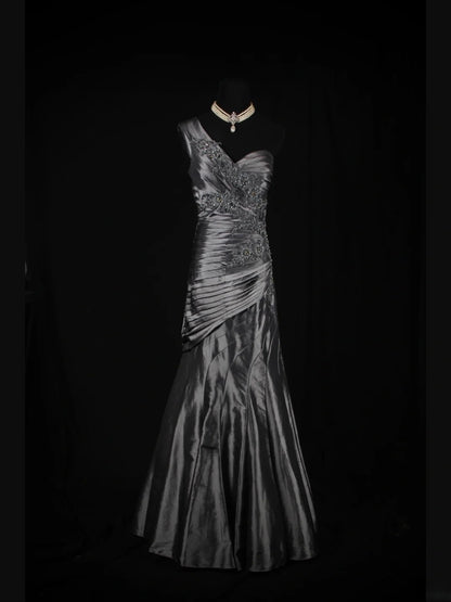 Vintage Mermaid One Shoulder Gray 1970s With Appliqued Beads Bodice Long Prom Dresses Inspo 19th Birthday Outfit Formal Gown AS344