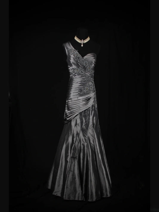 Vintage Mermaid One Shoulder Gray 1970s With Appliqued Beads Bodice Long Prom Dresses Inspo 19th Birthday Outfit Formal Gown AS344