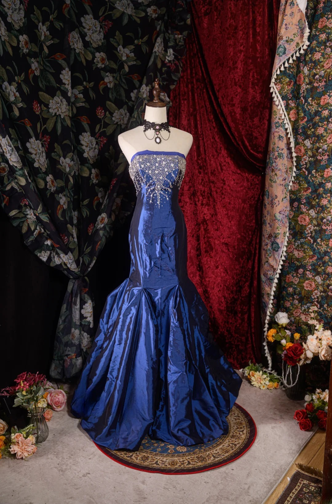 Vintage Mermaid Strapless Royal Blue With Silver Beading y2k High School Dances Prom Dresses Formal Outfits Evening Gown RB8570