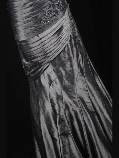 Vintage Mermaid One Shoulder Gray 1970s With Appliqued Beads Bodice Long Prom Dresses Inspo 19th Birthday Outfit Formal Gown AS344
