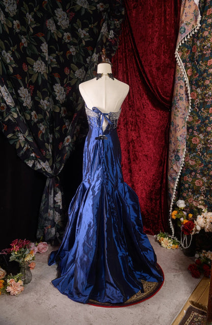 Vintage Mermaid Strapless Royal Blue With Silver Beading y2k High School Dances Prom Dresses Formal Outfits Evening Gown RB8570