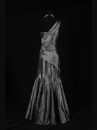 Vintage Mermaid One Shoulder Gray 1970s With Appliqued Beads Bodice Long Prom Dresses Inspo 19th Birthday Outfit Formal Gown AS344