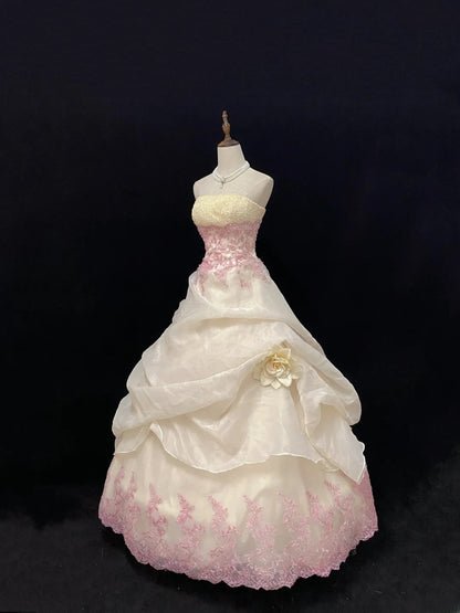 Elegant Ball Gown Strapless Ivory Poofy Long With Pink Appliqued Quince Dress inspo Quinceanera Dresses Sweet 15 16 Outfits RB7798