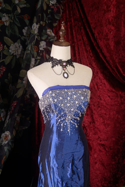 Vintage Mermaid Strapless Royal Blue With Silver Beading y2k High School Dances Prom Dresses Formal Outfits Evening Gown RB8570