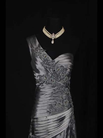 Vintage Mermaid One Shoulder Gray 1970s With Appliqued Beads Bodice Long Prom Dresses Inspo 19th Birthday Outfit Formal Gown AS344