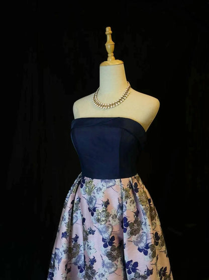 Vintage 2000s Prom Dresses Ball Gown Strapless Navy Blue Satin Floral Long Party Gown Formal Outfits RB6176