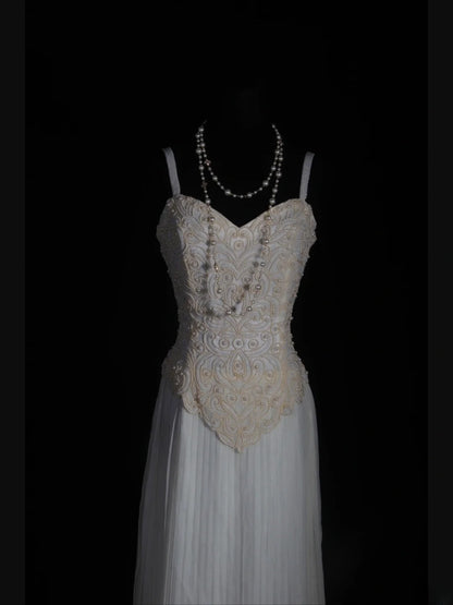 Retro 60s A line Spaghetti Straps White Chiffon With Pearls Beads Prom Dresses Inspo 22th Birthday Outfit Formal Gown AS345
