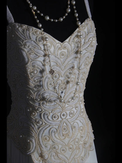 Retro 60s A line Spaghetti Straps White Chiffon With Pearls Beads Prom Dresses Inspo 22th Birthday Outfit Formal Gown AS345