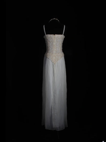 Retro 60s A line Spaghetti Straps White Chiffon With Pearls Beads Prom Dresses Inspo 22th Birthday Outfit Formal Gown AS345