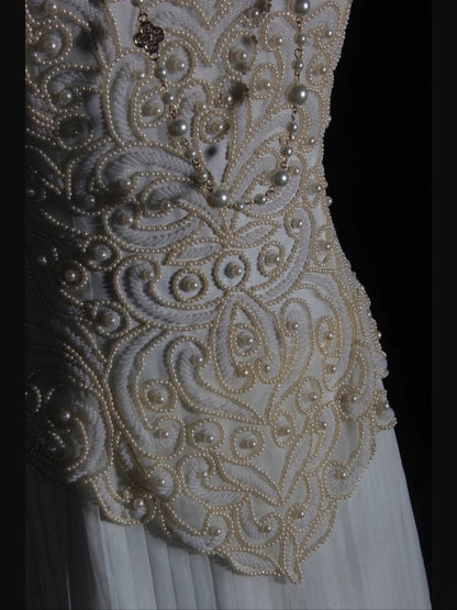 Retro 60s A line Spaghetti Straps White Chiffon With Pearls Beads Prom Dresses Inspo 22th Birthday Outfit Formal Gown AS345