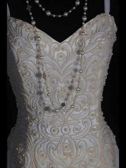 Retro 60s A line Spaghetti Straps White Chiffon With Pearls Beads Prom Dresses Inspo 22th Birthday Outfit Formal Gown AS345