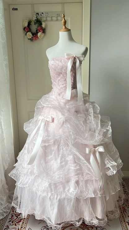 Sweet 15 Quinceanera Dress Ball Gown Strapless Pink Tulle With Tiered Layers Long 16th Birthday Outfits RC0669