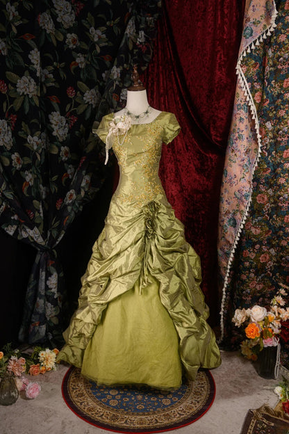 Vintage 60s Ball Gown Square Neck Olive Green With Short Sleeves y2k High School Dances Prom Dresses Formal Outfits Evening Gown RB8572