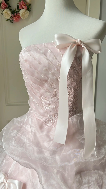 Sweet 15 Quinceanera Dress Ball Gown Strapless Pink Tulle With Tiered Layers Long 16th Birthday Outfits RC0669