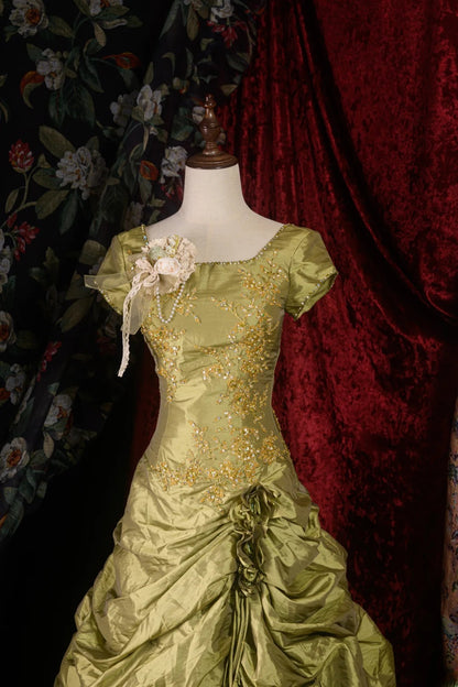 Vintage 60s Ball Gown Square Neck Olive Green With Short Sleeves y2k High School Dances Prom Dresses Formal Outfits Evening Gown RB8572