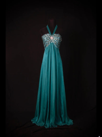 Vintage 2000s A Line Halter Chiffon Embroidery Beads Plus Size With Gem Long Prom Dresses Impress 21th Birthday Outfits Party Gown AS347