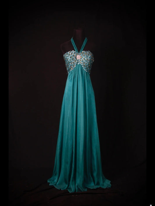 Vintage 2000s A Line Halter Chiffon Embroidery Beads Plus Size With Gem Long Prom Dresses Impress 21th Birthday Outfits Party Gown AS347