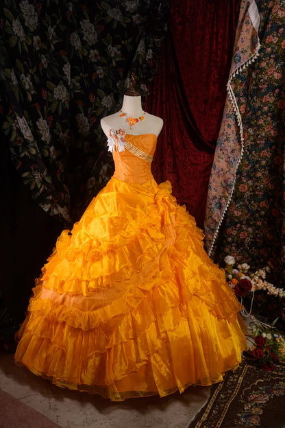 Charming Ball Gown Formal Events Strapless Orange With Folded Tiered Quince Dress Quinceanera Dresses Birthday Outfits RB8573
