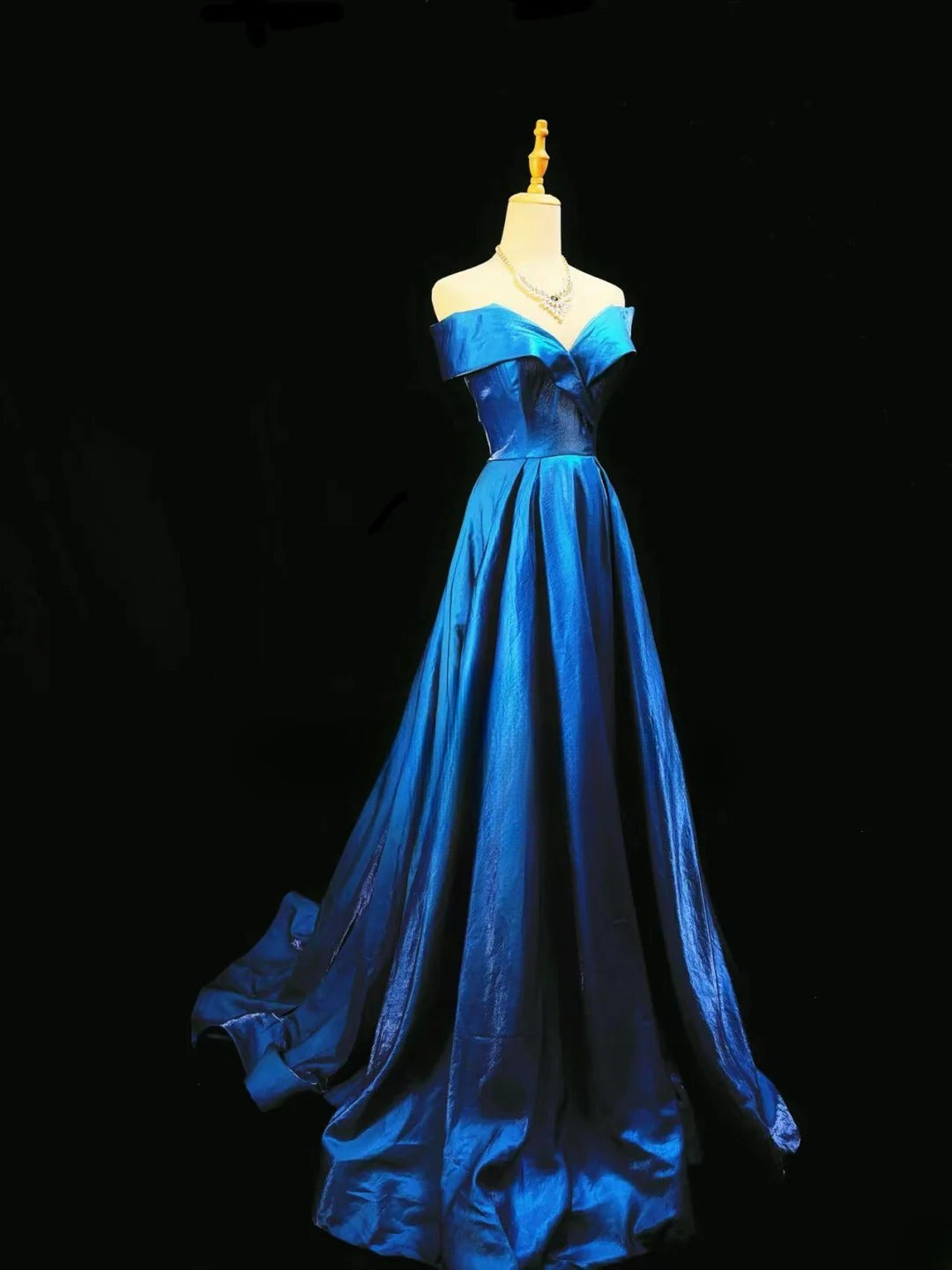 Vintage Prom Dresses A line Off The Shoulder Blue With Sleeves 1950s Retro Classy Long Party Formal Outfits RB6177