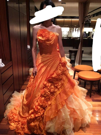 Orange Tiered Layers Strapless Tulle Satin Sweet 16 Dress Ball Gown Sweet Sixteen Dress RC0056