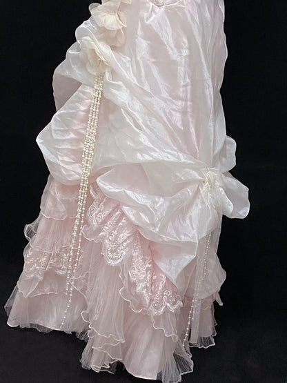 Vintage 90s A Line Spaghetti Straps Pink With Beading Lace Long Prom Dresses Formal Outfit Evening Night Dress RB7801