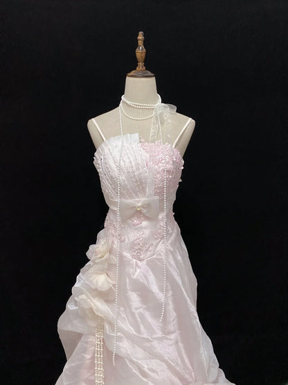 Vintage 90s A Line Spaghetti Straps Pink With Beading Lace Long Prom Dresses Formal Outfit Evening Night Dress RB7801