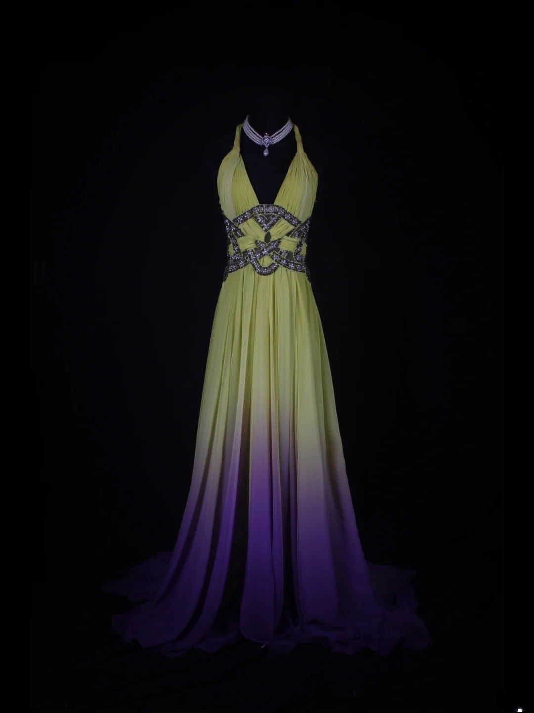 Vintage A line 80s Halter Ombre Yellow Grape Beads Chiffon With Beaded Ruffled Long Prom Dresses Inspo Birthday Outfit Formal Gowns AS348
