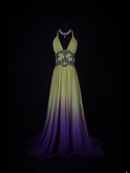 Vintage A line 80s Halter Ombre Yellow Grape Beads Chiffon With Beaded Ruffled Long Prom Dresses Inspo Birthday Outfit Formal Gowns AS348