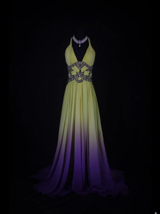 Vintage A line 80s Halter Ombre Yellow Grape Beads Chiffon With Beaded Ruffled Long Prom Dresses Inspo Birthday Outfit Formal Gowns AS348