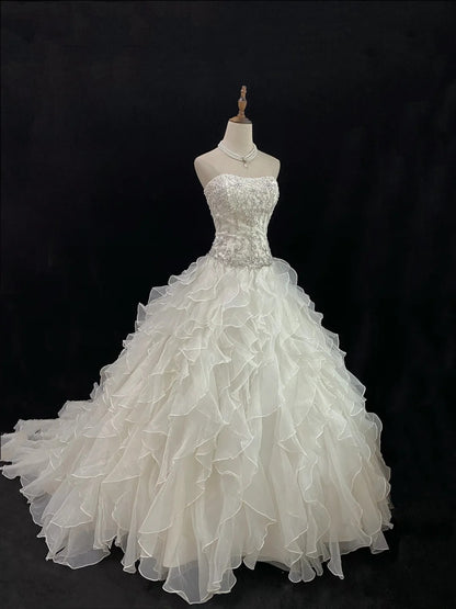 Beautiful Ball Gown Strapless Drop Waist Sleeveless Chiffon With Beading Long Groom Bride Gown Bridal Dress Modest Wedding Dresses RB7803