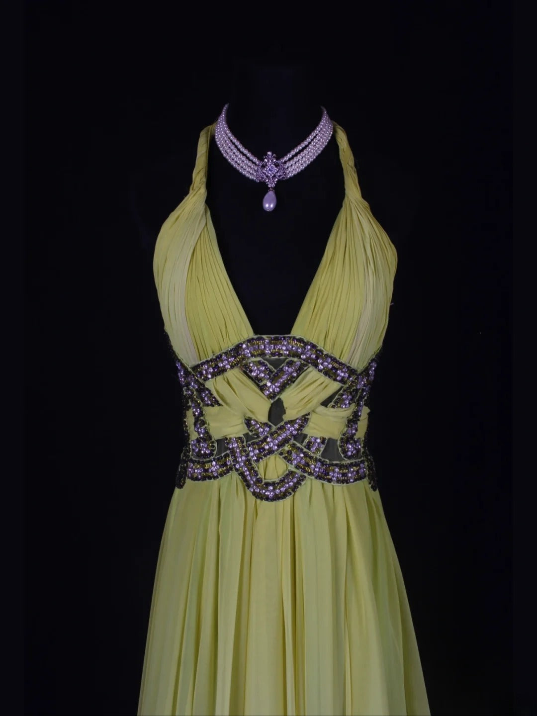 Vintage A line 80s Halter Ombre Yellow Grape Beads Chiffon With Beaded Ruffled Long Prom Dresses Inspo Birthday Outfit Formal Gowns AS348