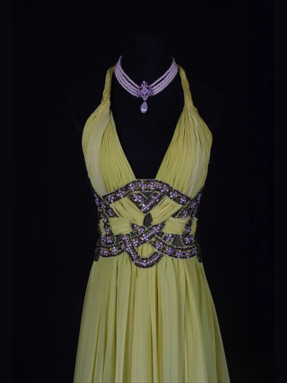 Vintage A line 80s Halter Ombre Yellow Grape Beads Chiffon With Beaded Ruffled Long Prom Dresses Inspo Birthday Outfit Formal Gowns AS348