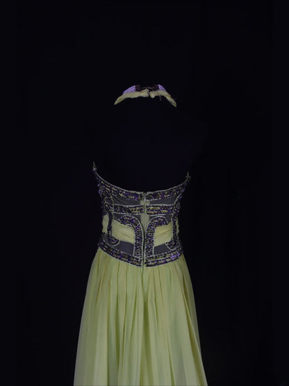 Vintage A line 80s Halter Ombre Yellow Grape Beads Chiffon With Beaded Ruffled Long Prom Dresses Inspo Birthday Outfit Formal Gowns AS348