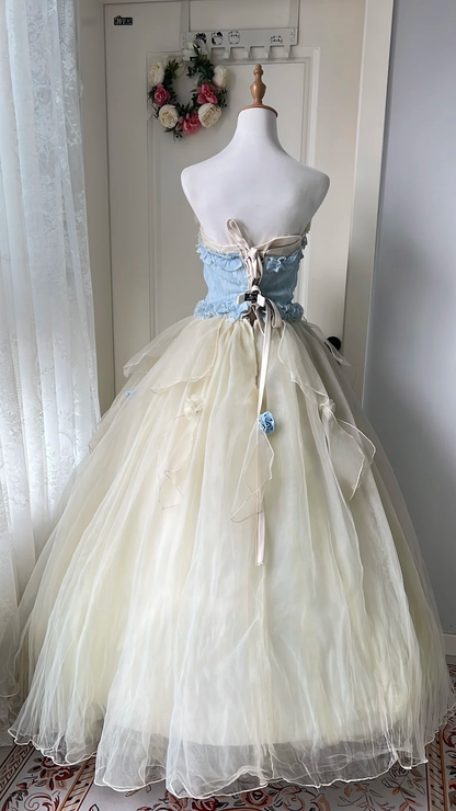 Sweet 15 Quinceanera Dress Ball Gown Strapless Yellow Tulle With Flowers Long 16th Birthday Outfits RC0671