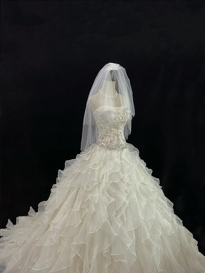 Beautiful Ball Gown Strapless Drop Waist Sleeveless Chiffon With Beading Long Groom Bride Gown Bridal Dress Modest Wedding Dresses RB7803