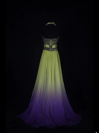 Vintage A line 80s Halter Ombre Yellow Grape Beads Chiffon With Beaded Ruffled Long Prom Dresses Inspo Birthday Outfit Formal Gowns AS348