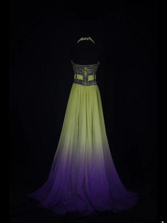 Vintage A line 80s Halter Ombre Yellow Grape Beads Chiffon With Beaded Ruffled Long Prom Dresses Inspo Birthday Outfit Formal Gowns AS348