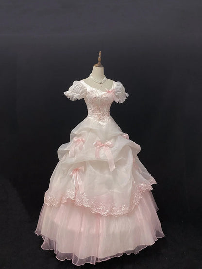 Elegant Ball Gown Square Neck Pink Poofy Long With Bow Appliqued Quince Dress inspo Quinceanera Dresses Sweet 15 16 Outfits RB7802