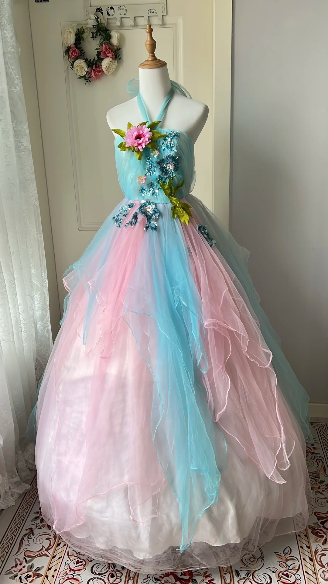 Sweet 15 Quinceanera Dress Ball Gown Halter Blue Pink Tulle With Flower Long 16th Birthday Outfits RC0673