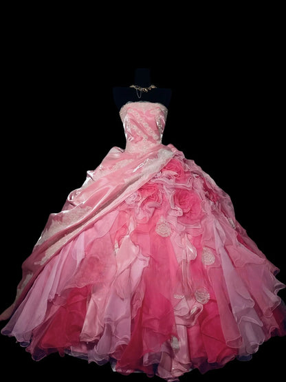 Ombre Pink Tiered Layers Strapless Tulle Satin Sweet 16 Dress Ball Gown Sweet Sixteen Dress RC0059
