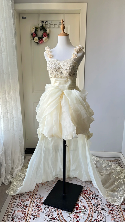 Modest Prom Dresses Aesthetic High Low Yellow Organza Straps Evening Outfits RC0674