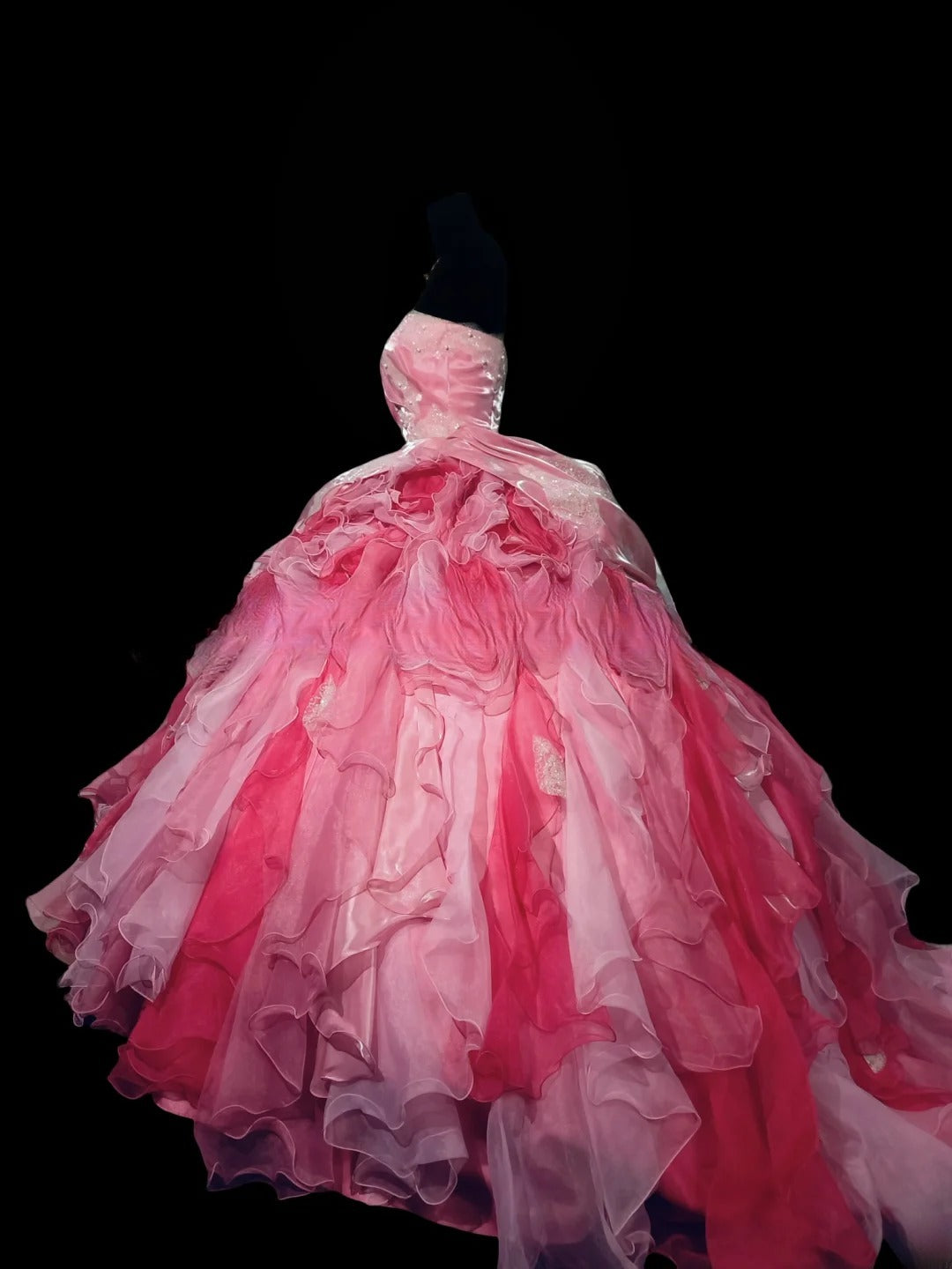 Ombre Pink Tiered Layers Strapless Tulle Satin Sweet 16 Dress Ball Gown Sweet Sixteen Dress RC0059