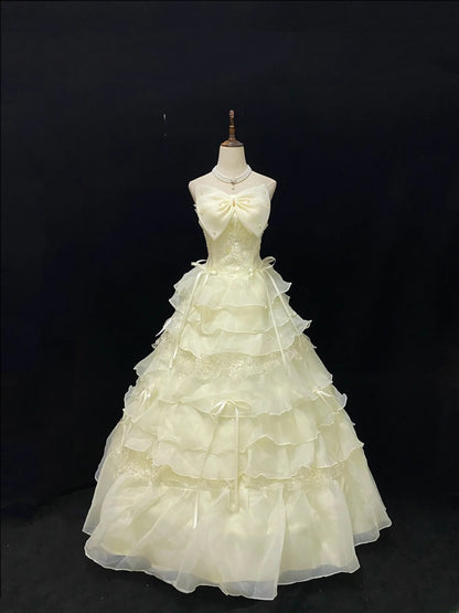 Princess Ball Gown Strapless Yellow Poofy Long With Ruffled Lace Quince Dress inspo Quinceanera Dresses Sweet 15 16 Outfits RB7805