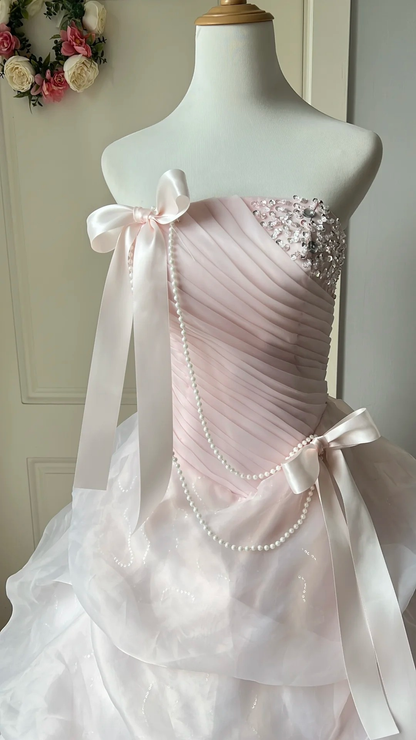 Pretty Sweet 16 Dress Long Strapless Pink With Bow-knot Ball Gown Sweet Sixteen Party Birthday Dresses RC0675
