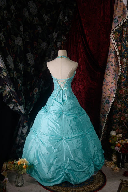 Vintage 80s Ball Gown Halter Tiffany Blue With Silver Beading y2k High School Dances Prom Dresses Formal Outfits Evening Gown RB8574