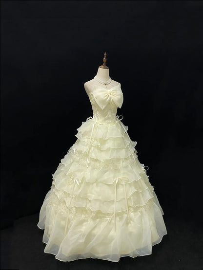 Princess Ball Gown Strapless Yellow Poofy Long With Ruffled Lace Quince Dress inspo Quinceanera Dresses Sweet 15 16 Outfits RB7805