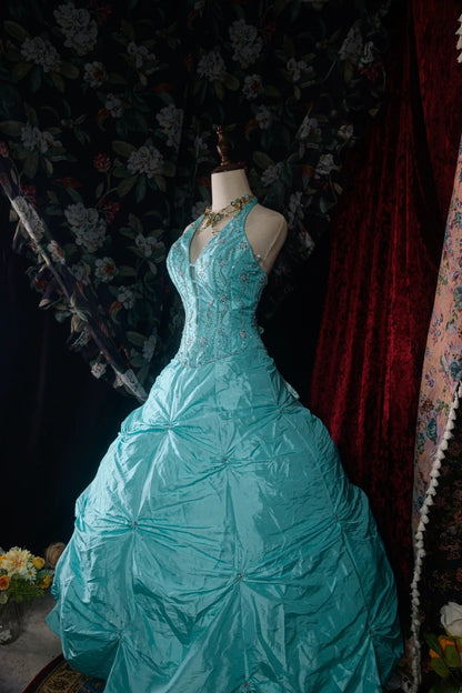 Vintage 80s Ball Gown Halter Tiffany Blue With Silver Beading y2k High School Dances Prom Dresses Formal Outfits Evening Gown RB8574