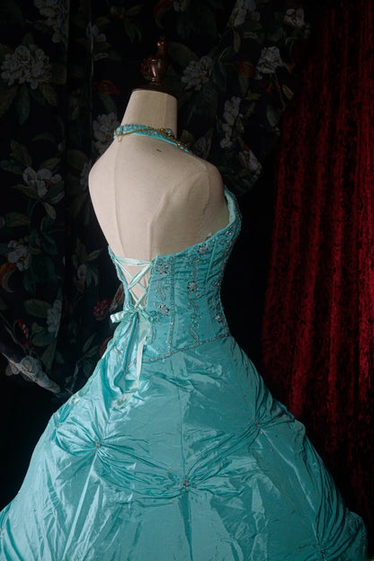 Vintage 80s Ball Gown Halter Tiffany Blue With Silver Beading y2k High School Dances Prom Dresses Formal Outfits Evening Gown RB8574