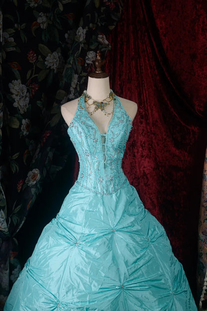 Vintage 80s Ball Gown Halter Tiffany Blue With Silver Beading y2k High School Dances Prom Dresses Formal Outfits Evening Gown RB8574
