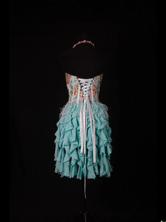 Vintage A line Sweetheart Blue Chiffon With Gold Beads Short 16th Birthday Dress Homecoming Dresses Cocktail Gown AS353